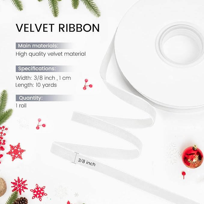 White Velvet Ribbon, 3/8 inch 10 Yards Vintage Velvet Ribbons Perfect for Christmas Tree Ornaments, Gift Wrapping, Wedding Decoration, Bows, Sewing, Crafts, Wreath and More