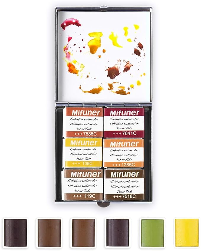 Mini Portable Handmade Artist Watercolor Paint Travel Metallic Box Set with 6 Earth Tone Solid Watercolor Half Pans (Each Capacity Approx 1.5ml) Pearlescent.Earth Tone