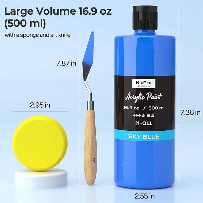Nicpro 8 Colors Large Bulk Acrylic Paint Set(16.9 oz, 500 ml), Rich Pigments, Non Toxic Craft Paint for Multi Surface, Canvas, Wood, Leather, Ceramic, Fabric - Art Painting Supplies for Beginners, Artists & Adults