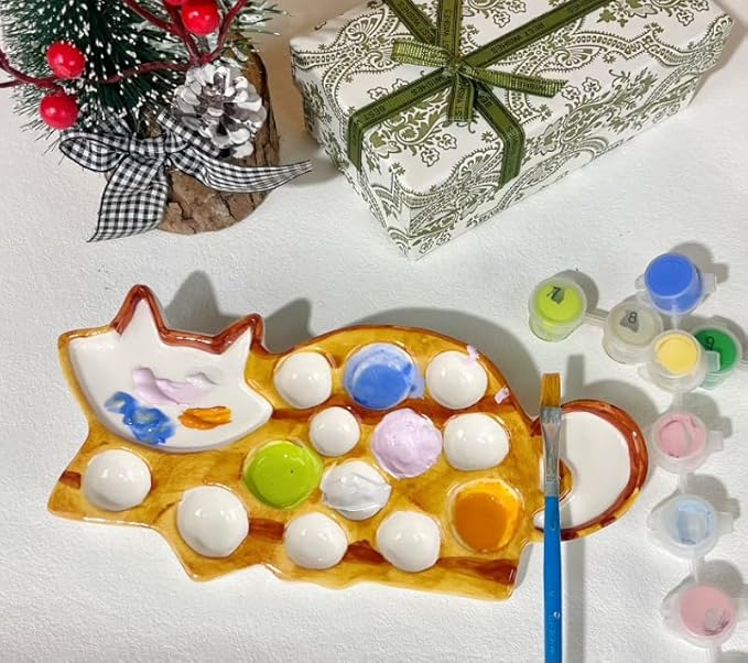 Ceramic Palette - Cat Shaped Painting Tray with Mixing Zones & Individual Wells, Durable Ceramic Artist Palette for Watercolor, Gouache - Painting Gift
