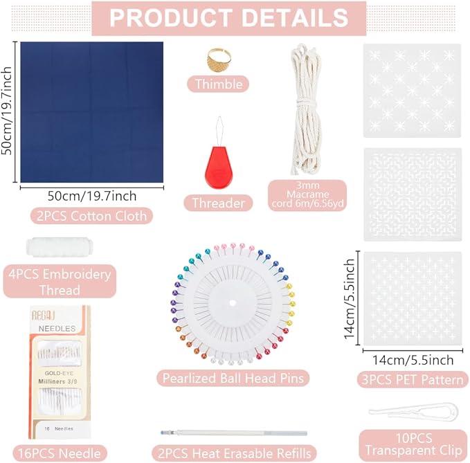 INFUNLY 3 Set Sashiko Drawstring Bag Kits Sashiko DIY Tote Bag Kit Flower Sashiko Fabric Kit for Beginners Make Your Own Tote Bag with Thread Needles Hand Sewing Set for Adults