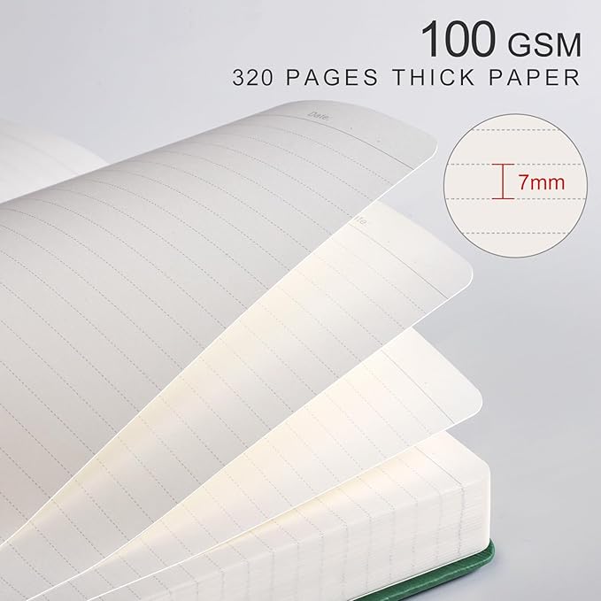EMSHOI Lined Journal Notebook, 320 Numbered Pages, A5 College Ruled Notebook, with 100 gsm Thick Paper, Hardcover Leather, Contents, Stickers, Inner Pocket, Pen Holder, 5.75 x 8.38-Dark Green