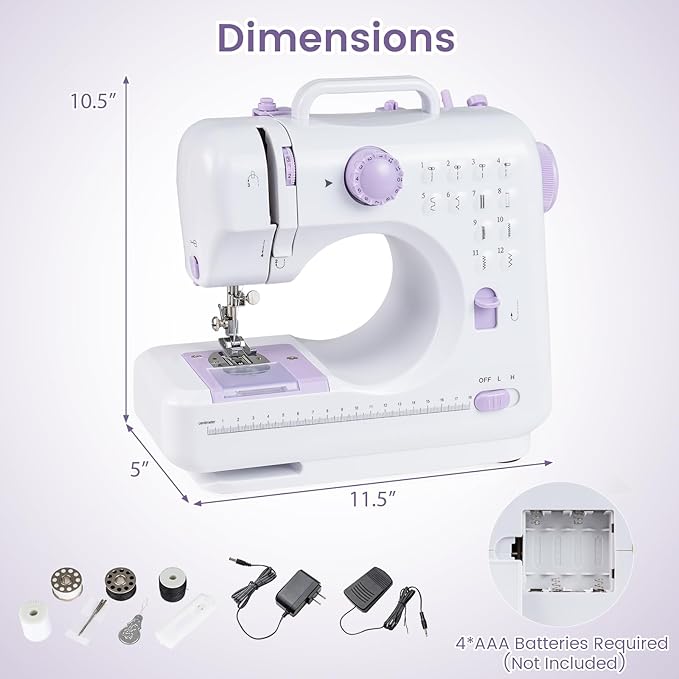COSTWAY Sewing Machine for Beginner, Portable Mini Electric Sewing Machine with 12 Built-in Stitches, Accessory Kit, LED Light, 2 Speeds & Foot Pedal, Storage Drawer, Ideal for Home DIY Projects