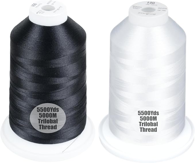 Simthread 2-Pack Trilobal Polyester Thread – 5000M (5500yds) No.40 Tangle-Free, Built-in Thread Lock Spool – Compatible with Brother, Singer, Janome & More,Black900+White001