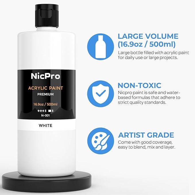 Nicpro White Large Acrylic Paint (16.9 oz, 500 ml), Rich Pigments, Non Toxic Craft Paint for Multi Surface, Canvas, Wood, Leather, Ceramic, Fabric, Stone - Art Painting Supplies for Beginners, Artists & Adults