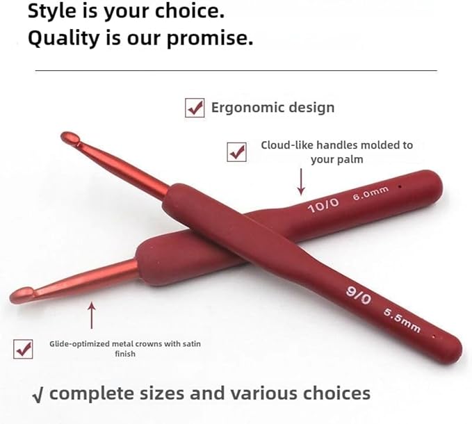 WONCHIEF 9PCS Crochet Hooks Set - Soft Grip Aluminum Knitting Needles with Case, Red Matte Hooks for Dark Yarn & Eye Comfort, 2.0-6.0mm Complete Kit for Home/Travel Crafting (Red)
