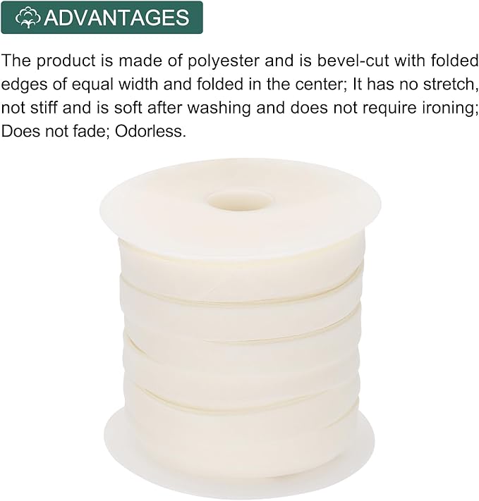 MECCANIXITY 1/2 Inch Double Fold Bias Tape Polyester Continuous Bulk Bias Tape for Sewing,Seaming Quilting Hemming Binding Crafts (Beige White 25 Yards)