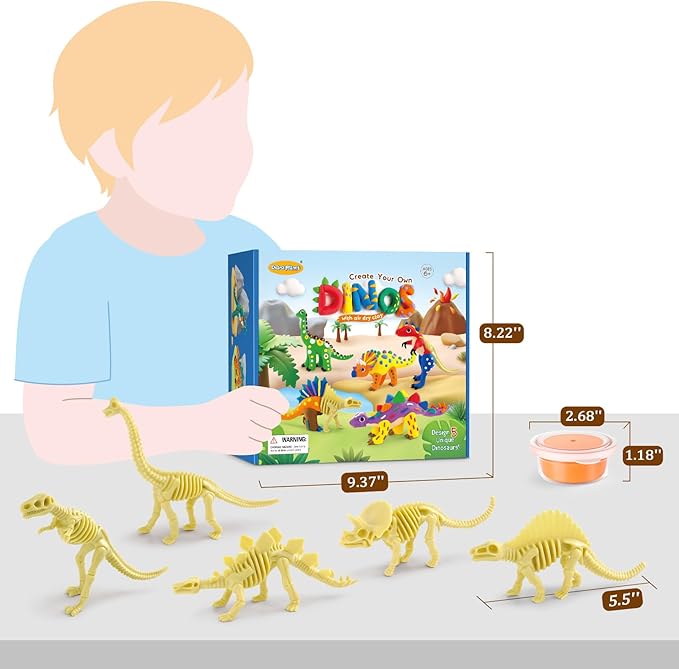 Dinosaur Air Dry Clay Kit – Create 5 Dinosaur Models with 12 Colors of Modeling Clay, Instruction Guide – Fun & Educational Craft Set for Kids