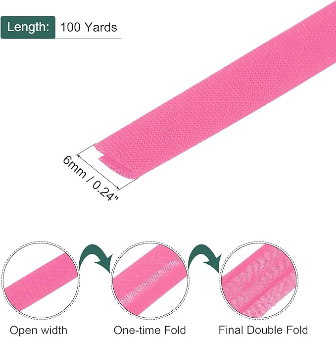 MECCANIXITY 1/4 Inch Double Fold Bias Tape Polyester Continuous Bulk Bias Tape for Sewing, Seaming Quilting Hemming Binding Crafts (Rose Red 100 Yards)