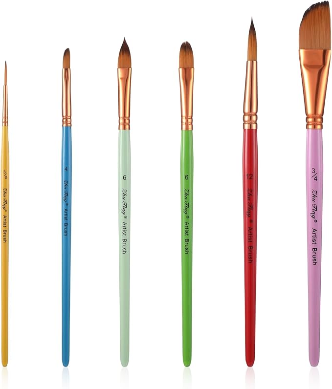 6 Pack Face Paint Brush Set, Synthetic Bristles in Different Sizes Shapes Oil Watercolor Acrylic Paint Brush Aesthetic Pastel Artist Paints Brushes for Body Nail Body Art Craft Canvas Rock, Multicolor