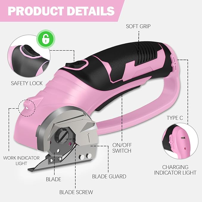 Cordless Electric Scissors, 4V Box Cutter & Cardboard Cutter with 2 Titanium Blades - Rotary Cutter with LED Light for Fabric, Leather, Carpet, Plastic, Crafting + Storage Case (Pink)