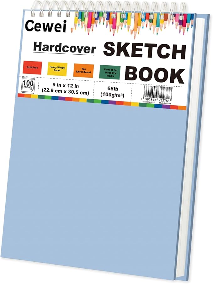 Cewei Drawing Pad 9x12, 100 Sheets Hardcover Spiral Bound, 68lb/100gsm White Paper Drawing Pad for Kids, Christmas Gifts for Grandkids & Art Gifts for Kids 8-12.