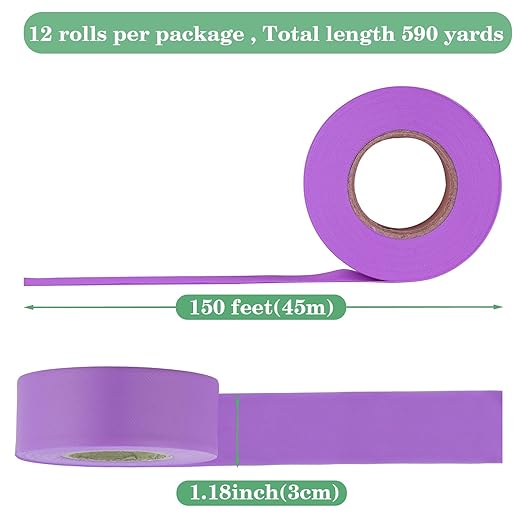 Purple Flagging Tape 12 Rolls - Non-Adhesive Neon Marking Surveyors Caution Tape, for Tree Marking, Hunting Trail Tape, 1-3/16 in. x 150 ft,3.35 Mil Thick
