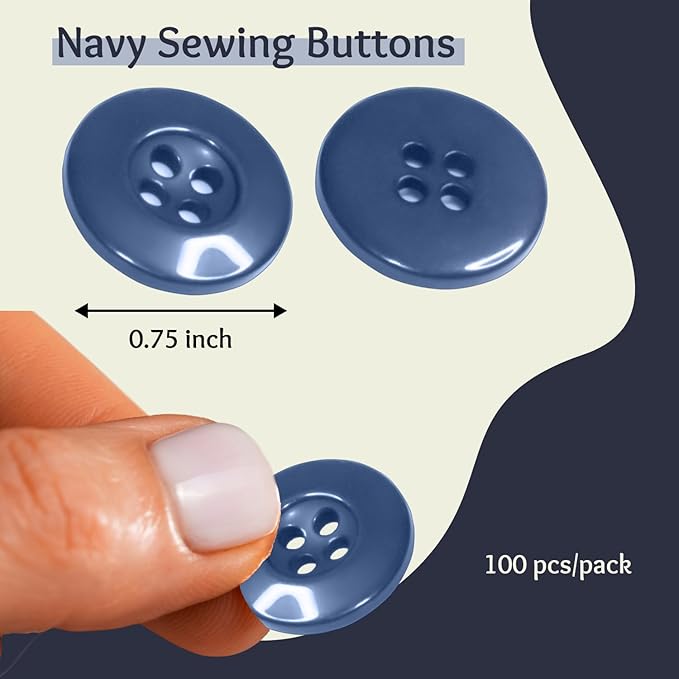 100 Pcs Navy Sewing Buttons 0.75 inch 4-Hole Round Buttons 30L Plastic Polished Glossy Finish 19mm Uniform Ideal for Jacket Work Uniforms Workwear School Outfits Aprons Pants Bags DIY Crafts