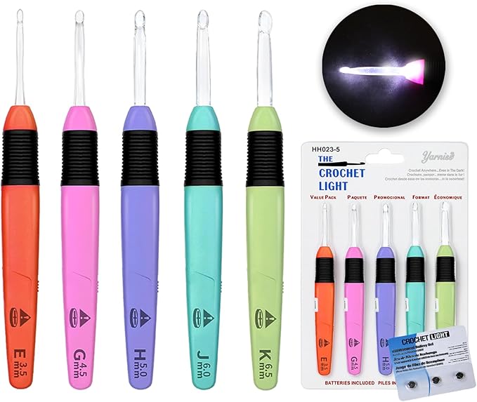 Yarniss Light Up Crochet Hook with Battery, Illuminated Crochet Hook with LED Light Including 5 Sizes 3.5mm, 4.5mm, 5.0mm, 5.5mm, and 6.5mm