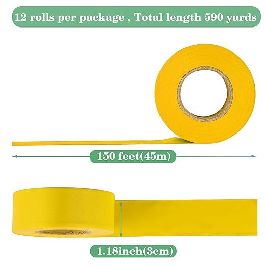 Yellow Flagging Tape 12 Rolls - Non-Adhesive Neon Marking Surveyors Caution Tape, 1-3/16 in. x 150 ft,3.35 Mil Thick
