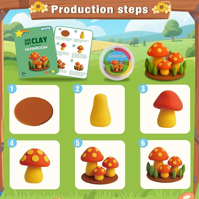 BEIREG Air Dry Clay for Kids - 15Pcs Farm Animals & Vegetables with Tutorial Scence Card, Ultra Soft, Safe Non-Toxic, DIY Modeling Magic Clay, School Projects Party Favors for Boys Girls Ages 3-12