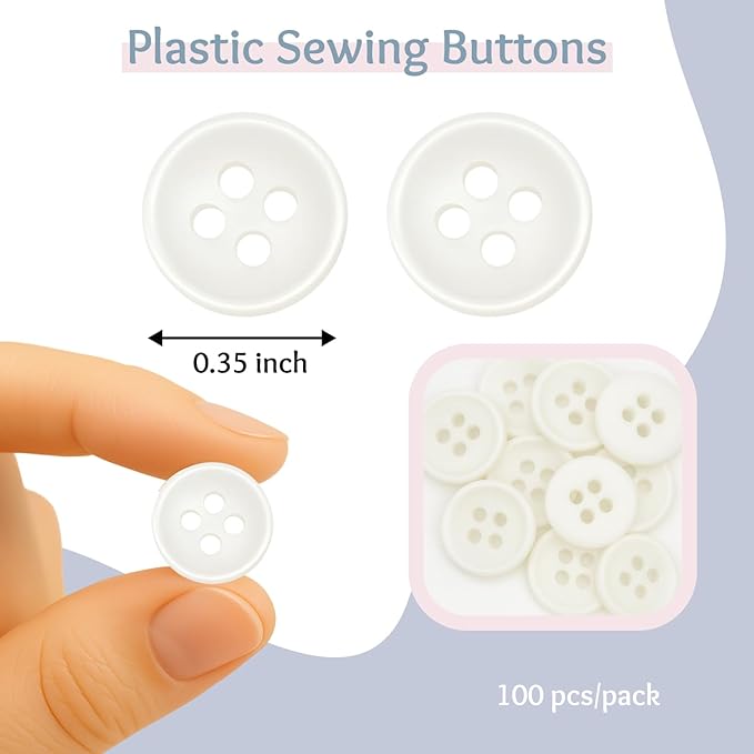 100 Pcs Pearl Buttons for Shirt 4 Hole 0.35 inch White Sewing Buttons 14L Plastic Round 9mm Ideal for Sewing Dress Skirt Blouse School Outfits Aprons Pants Jackets Bags DIY Crafts