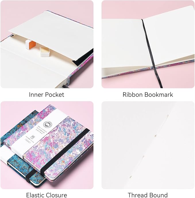 Lightwish Square Watercolor Journal,100% Cotton,300gsm/140lb,Acid-Free,24 Sheets Cold Press Watecolor Sketchbook for Artists Adults Students,6.29 * 6.29 Inches(Purple Sunset)