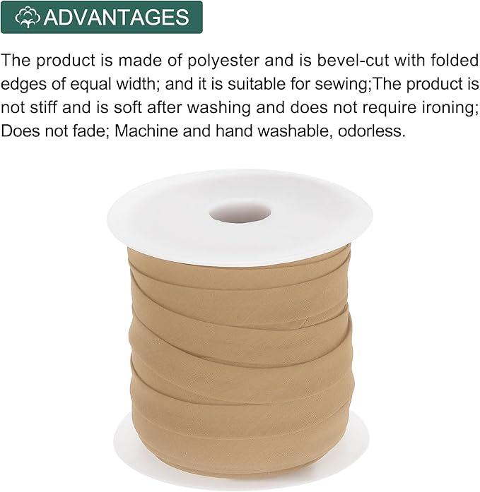 MECCANIXITY 1/2 Inch Single Fold Bias Tape Polyester Continuous Bulk Bias Tape for Sewing,Seaming Quilting Hemming Binding Crafts (Khaki 50 Yards)