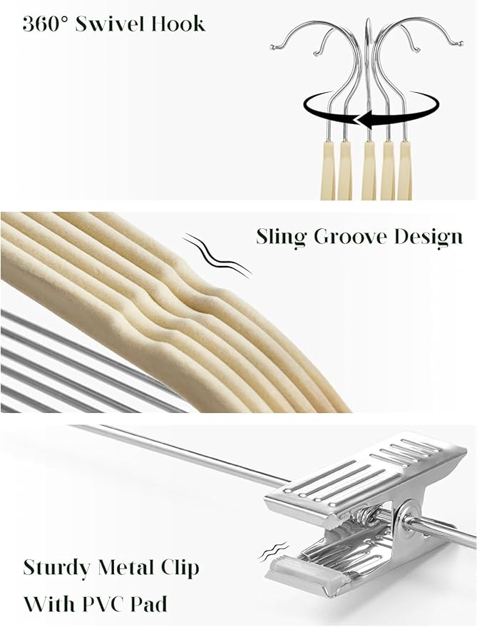 Cozymood Velvet Skirt Hangers 72 Packs Ultra Thin Velvet Hanger with Clips Non Slip Pant Hangers Space Saving Clothes Hangers, Clip Hanger for Pants, Skirts, Jeans, Shorts (Beige)