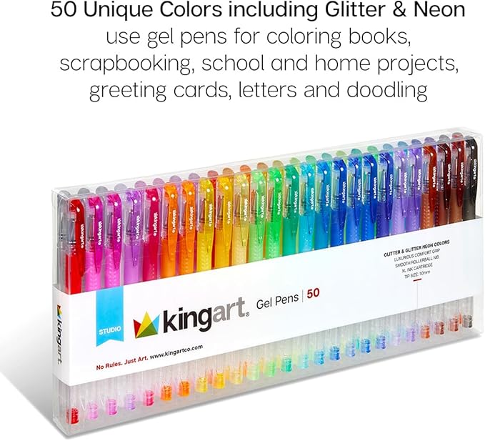 KINGART Glitter Rollerball Gel Pens, 50 Sparkling Colors with Soft-Grip Comfort, XL Ink Cartridge - More Ink, Great for All Ages, Writing, Coloring, Doodling, Scrapbooking, Journaling & More
