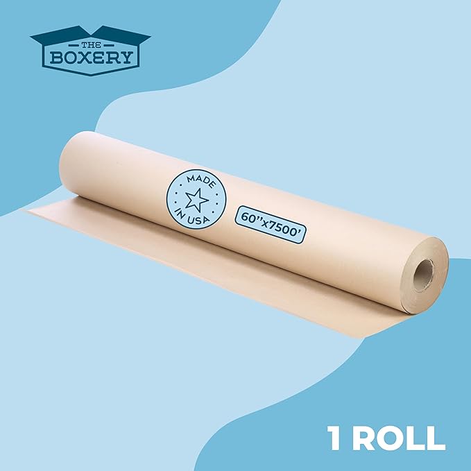 The Boxery Kraft/Brown Kraft Paper Roll, 60” x 9000” (750’)-50lb. Thickness, Heavy Duty Brown Wrapping Paper, Natural Kraft Packing Paper, Void Fill, Arts and Crafts, Bulletin Boards, Gift Wrapping
