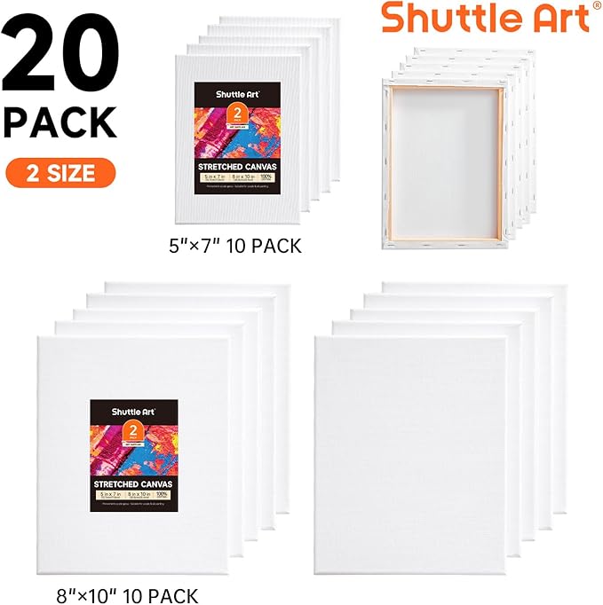 Shuttle Art Canvas for Painting, 20-Piece Multi-Pack 5x7 & 8x10 Inch Stretched Canvas, 100% Cotton, Primed White Blank Canvases, Ideal Art Supplies for Kids Acrylic Oil Acrylic Pouring