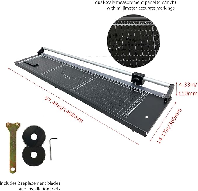48" Rotary Sheet Trimmer Cutter, Multi-Paper Cutter for Cardstock, Photo Paper & PVC, Rolling Trimmer with Two Spare Blades, Rotary Cutting Blade with Safety Guard