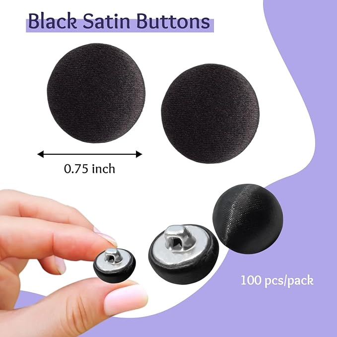 3/4" 100 Pcs Black Tuxado Suit Buttons 30L Black Satin Buttons 0.75 inch (19 mm) Round Fabric Covered Smooth Metal Shank Ideal for Tuxedo Shirt Formalwear Jacket Clothes Blouse Skirts