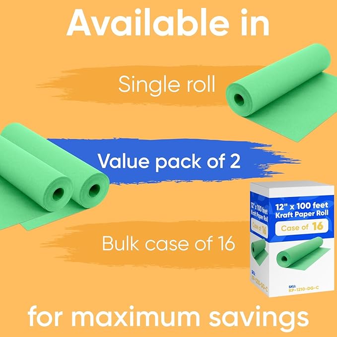 12" x 1200" (100 ft) Green Kraft Paper Roll (Value Pack of 2), 45 lbs Thickness, Made in USA Colored Kraft Paper for School, Bulletin Board - Odorless, Non-Toxic, Safe for Kids