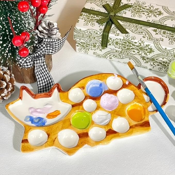 Ceramic Palette - Cat Shaped Painting Tray with Mixing Zones & Individual Wells, Durable Ceramic Artist Palette for Watercolor, Gouache - Painting Gift