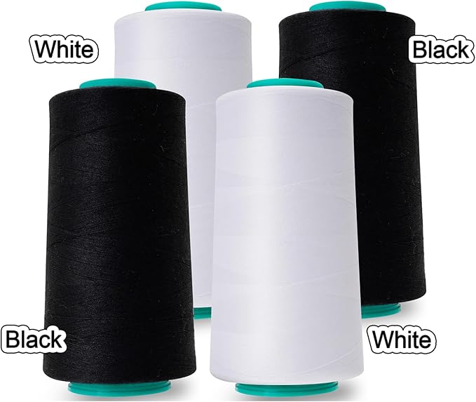 Serger Thread, All-Purpose Sewing Thread Polyester,4 Cones of 3000 Yards Each Spool,Cone Thread for Sewing Machine,140S/2 (BlackX2,WhiteX2)