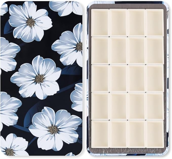 Portable Watercolor Paint Palette with Tins, Lightweight Empty Full Pans with Magnetic Squares, Metal Paint Tray Palettes for Travel, Acrylics Painting and Art, 20Full Pans,Gardenia Flower