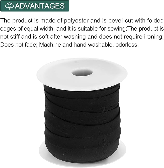 MECCANIXITY 1/2 Inch Single Fold Bias Tape Polyester Continuous Bulk Bias Tape for Sewing,Seaming Quilting Hemming Binding Crafts (Black 50 Yards)