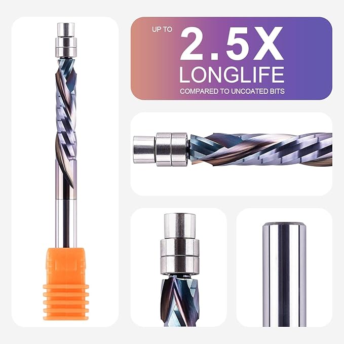 SpeTool 2PCS Compression Spiral Flush Trim Router Bit 1/4" Shank 1-1/8" Cutting Length with TAC Caoted, High-Performance Solid Carbide with Bottom Bearing Pattern Router Bit for Woodwoking