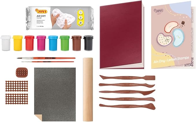 Jovi - DIY Air Dry Kit & Letter Stamp - Pottery Kit for Adults, Making Personalized Clay Pieces with White Air Dry Clay + Paints, Sculpting Tools, Step-by-Step Guide and Video Tutorial, Starter Set