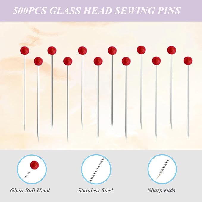 Sunenlyst 500 PCS Sewing Pins, 1.75IN Quilting Pins Long Red Glass Ball Head Straight Pins for Fabric, Stainless Steel Dressmaker for Sewing, Crafts, Jewelry Making, DIY