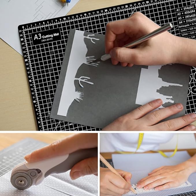 Headley Tools 18"x12" Thickened Self Healing Cutting Mat, A3 Rotary Cutting Sewing Mat for Crafts, Double Sided 5-Ply Table Cutting Board for Fabric Quilting Leather Hobby Project, Grey/Black