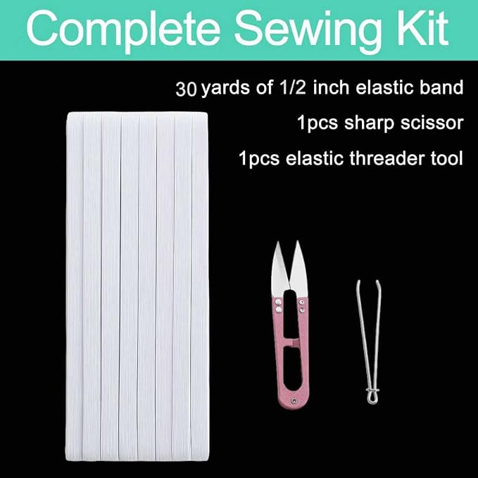 1/2 Inch White Elastic Band 30 Yards High Stretchy Flat Elastic Cord for Sewing & Crafts | Includes Sewing Scissors & Elastic Threader Tool
