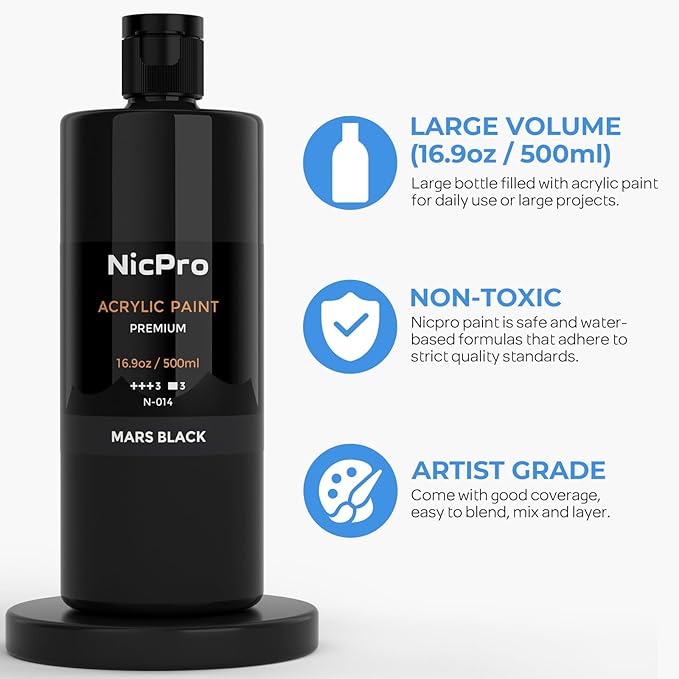Nicpro Black Large Acrylic Paint (16.9 oz, 500 ml), Rich Pigments, Non Toxic Craft Paint for Multi Surface, Canvas, Wood, Leather, Ceramic, Fabric, Stone - Art Painting Supplies for Beginners, Artists & Adults