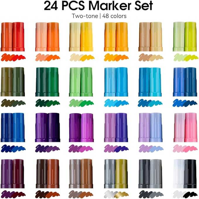 TRANSON 48 Colors Acrylic Paint Marker Set, 24 Pieces of Dual-color Acrylic Paint Pens with Brush Tips Versatile for Craft Painting, Drawing, Rock Painting, DIY, Paint on Most Surfaces