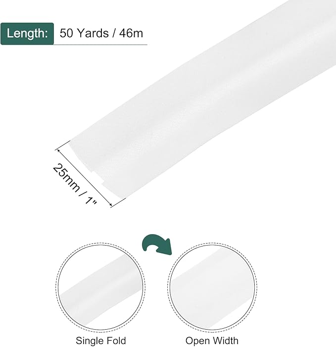 MECCANIXITY 1 Inch Single Fold Bias Tape Polyester Continuous Bulk Bias Tape for Sewing,Seaming Quilting Hemming Binding Crafts (White 50 Yards)