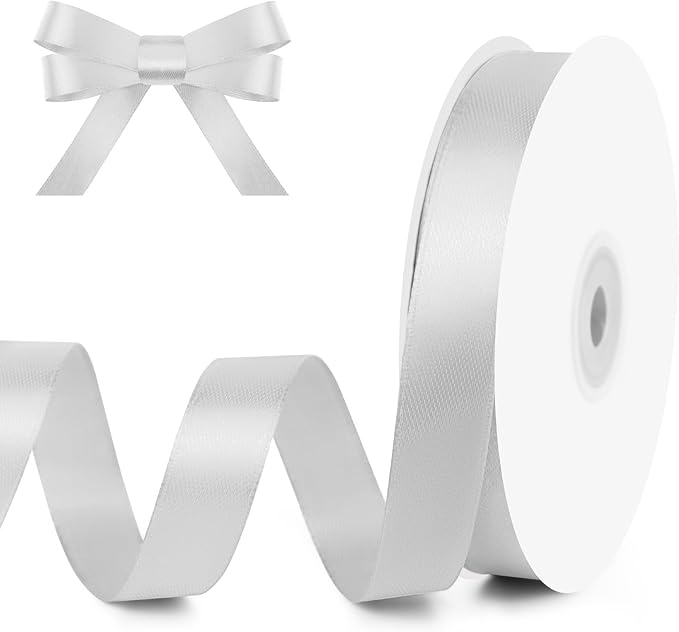 KMER LIFE 5/8" Wide x 50 Yards Silvery Single Faced Polyester Satin Ribbon, Silvery Satin Ribbon Perfect for Wedding Decor, Wreath, Crafts, Gift Wrapping & Other Projects (Silvery)