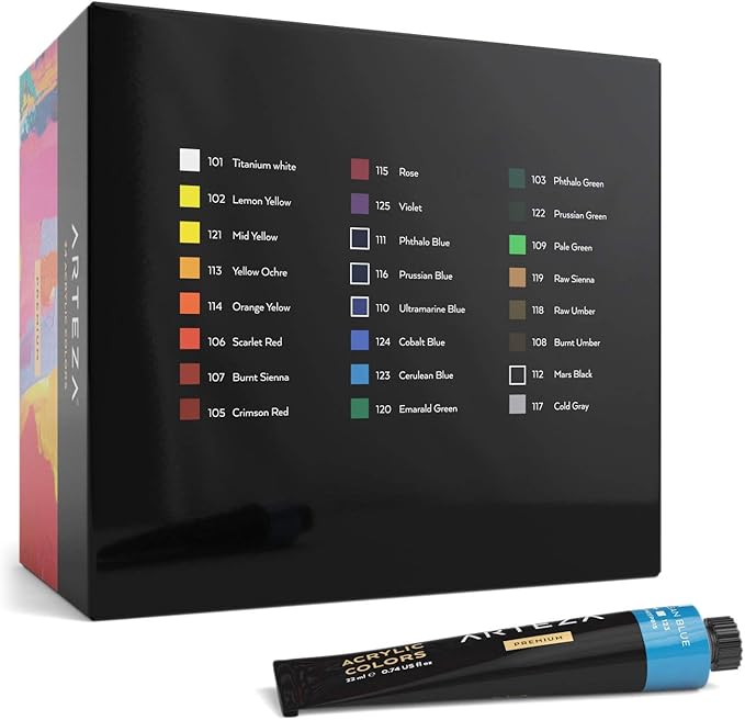 ARTEZA Acrylic Paint Set 24 Colors (0.74 oz Tubes). High-Viscosity, Richly Pigmented Paints for Canvas, Wood & Crafts. Non-Toxic Water-Based Formula. Holiday Gift for Artists & Painters