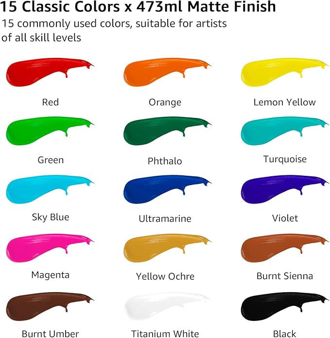 ABEIER Large Bulk Acrylic Paint Set, 15 Colors (473 ml/16 fl oz), Matte Finish, Rich Pigments, Non-Toxic Paints for Painting on Canvas Crafts Wood Ceramic, Ideal for Beginners and Students
