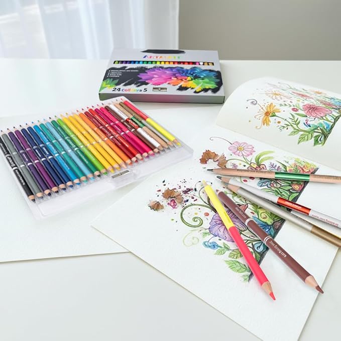 Dual Head Colored Pencils Set, 24 Colors + 5 Extra Pencils | Dual Hardness Drawing & Sketching Pencils| Metallic & Neon Colors, Blender & Burnisher | Art Supplies for Coloring Books (24 Pcs)