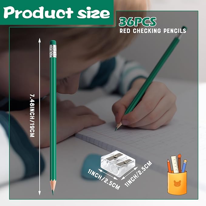 36 PCS Checking Pencils Erasable Colored Pencils with Eraser Pre-Sharpened 2 HB for Checking, Grading, Tests & Office/School Supplies(Green)