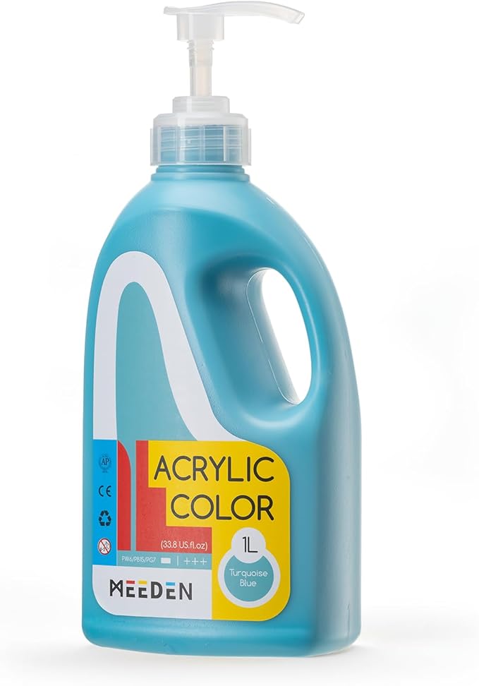 MEEDEN Turquoise Blue Acrylic Paint: 1 L /33.8 oz Satin Liquid Paint with Pump Lid - Soft Body Art Paints for Canvas, Studio, School, Wall & Poured Paintings