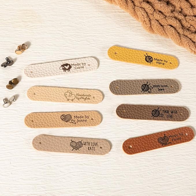 Callie Personalized Leather Tags for Crochet Items, 2.5 x 0.5 inches Custom Labels for Crochet and Knits Projects with Rivets, Suitable for Hats Beanies Scarves & More